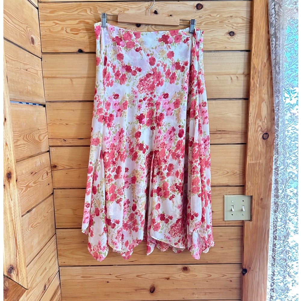 Vintage Floral Handkerchief Hem Skirt Womens Size 14 Pink Excellent Emma James